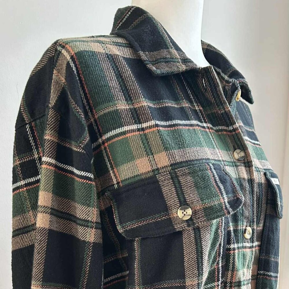 Brixton Forest Green Plaid Cotton Blend Cropped Shacket with Pockets – US S